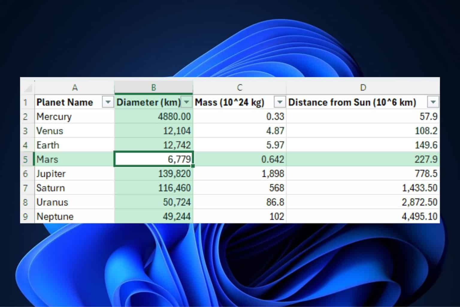 Microsoft Excel focus cell