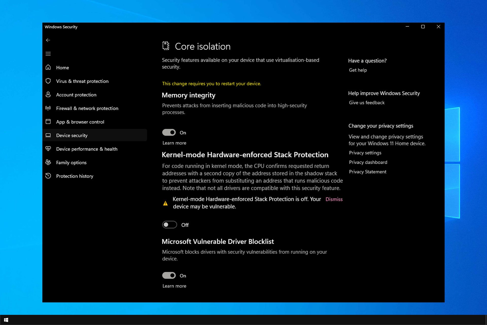 kernel-mode hardware-enforced stack protection is off